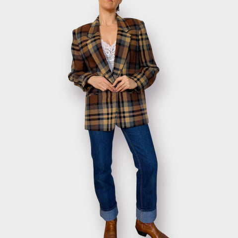 90s Requirements Tan Gray Plaid Blazer Size M
