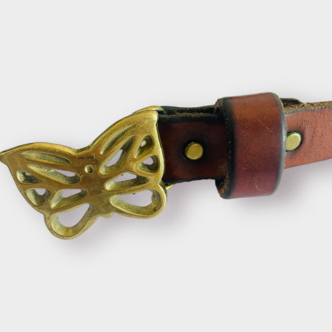 90s Solid Brass Butterfly Buckle Brown Leather Belt
