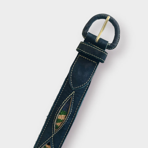 90s Navy Suede Leather Belt With Colorful Western Insets