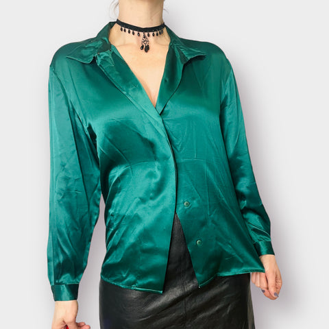 2000s Tahari Emerald Green Silk Blouse