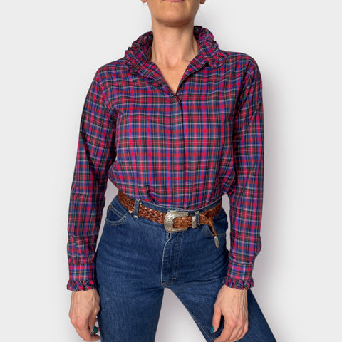 80s Circle Square Plaid Blouse with Ruffle Collar size S