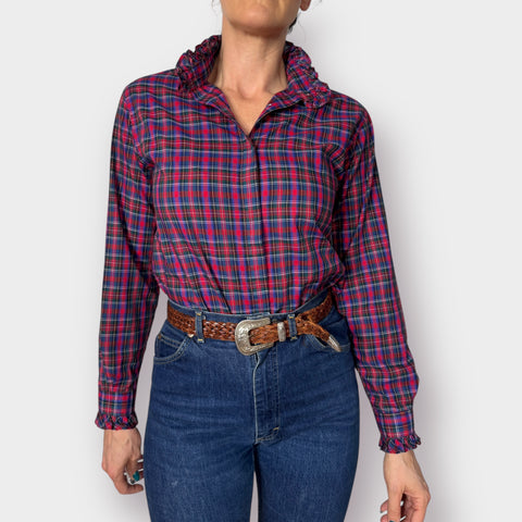 80s Circle Square Plaid Blouse with Ruffle Collar size S
