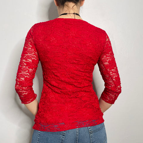 Y2K Red Lace V-Neck Top