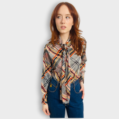 70s Queen Casuals Gray and Orange Plaid Print Blouse