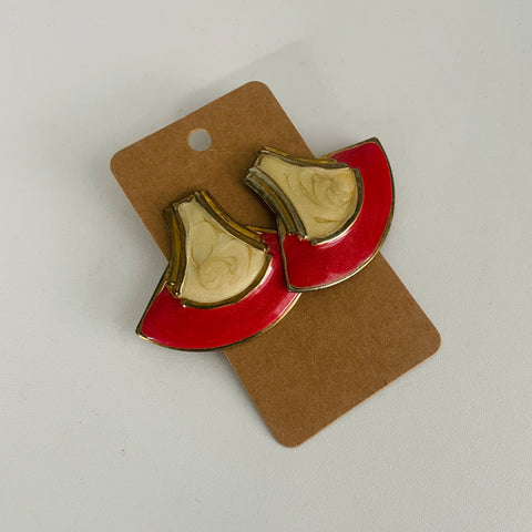 80s Red, Cream and Gold Tone Earrings