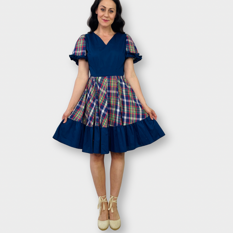 70s Sears Navy and Plaid Square Dancing Dress