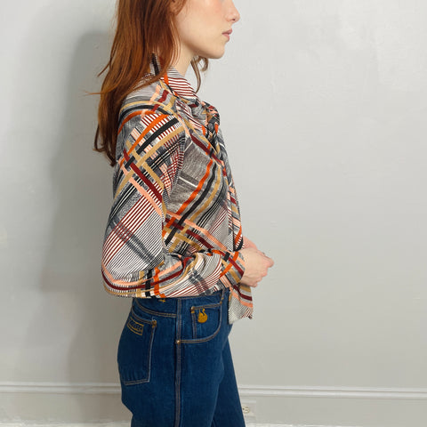 70s Queen Casuals Gray and Orange Plaid Print Blouse