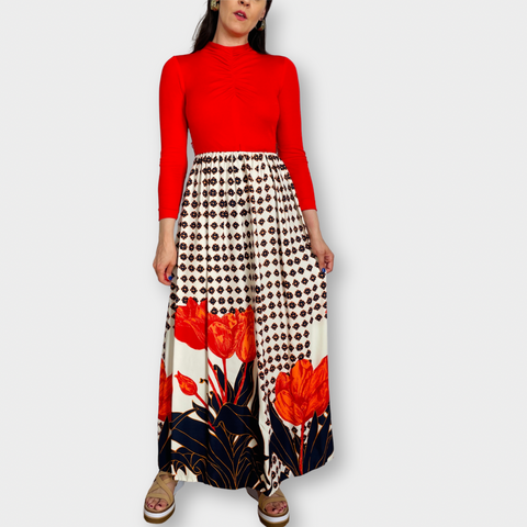 70s Red Top with Navy, Red and Orange Floral Skirt Maxi Dress