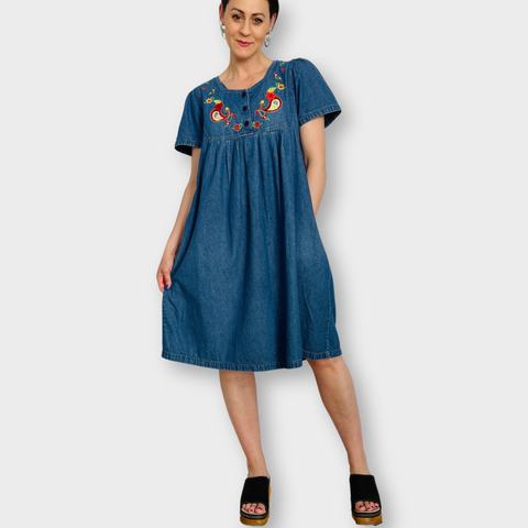 90s Denim Embroidered Front House Dress