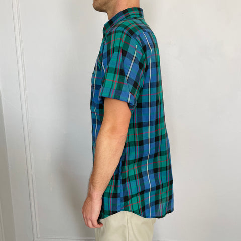 80s Main Street Green and Blue Plaid Short Sleeve Button Down