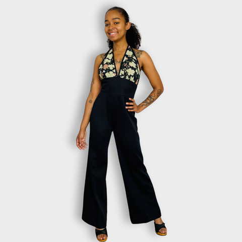 70s Jerell of Texas Black with Floral Halter Top Jumpsuit Set