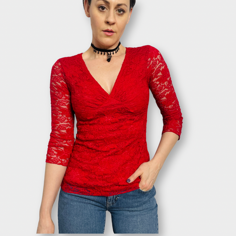 Y2K Red Lace V-Neck Top